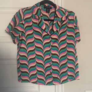Rachel Zoe Multicolor Wave-Print Short Sleeve Button-Up Blouse